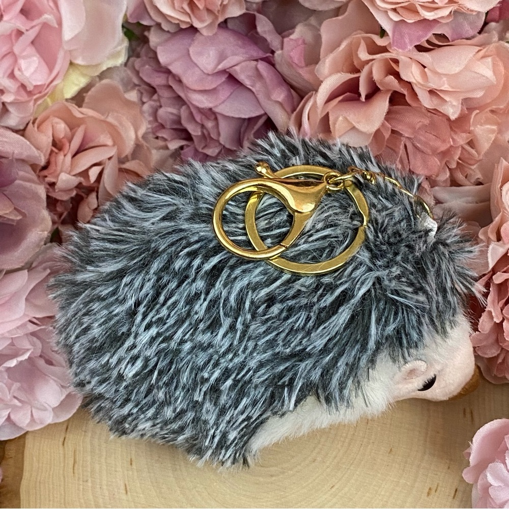 Fluffy Gray and White Hedgehog Keychain Charm - Picture 10 of 14